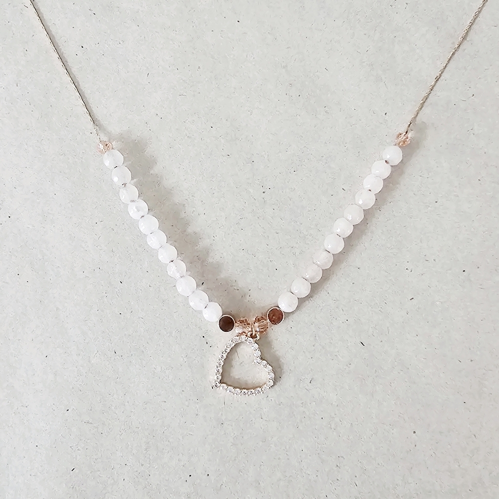 14KT Gold Plated Cubic Zirconia Genuine Rose Quartz Heart Necklace 18 Inch